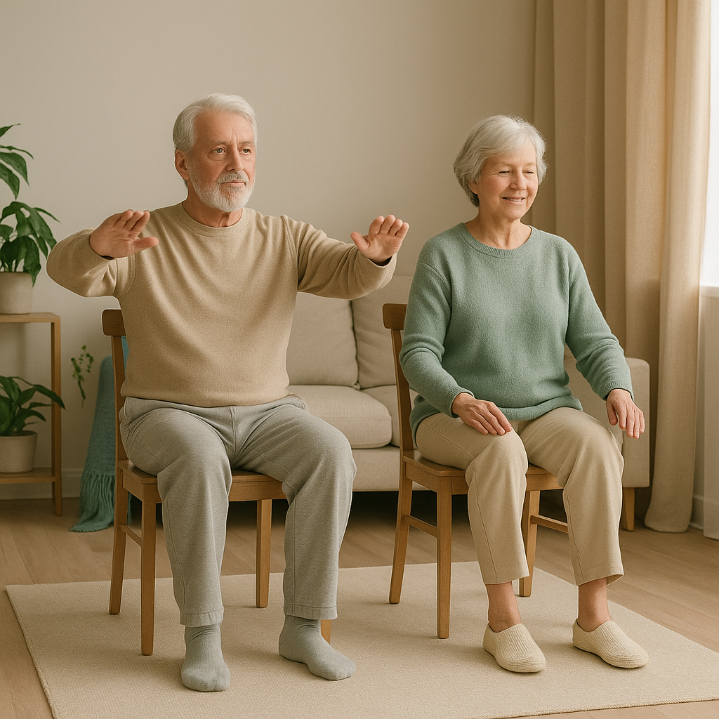 Пожилая пара выполняет лёгкие упражнения дома