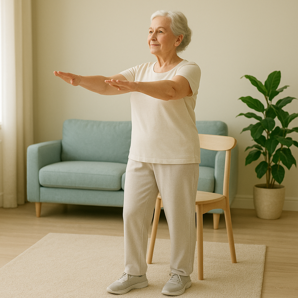 Пожилая женщина делает лёгкую зарядку дома